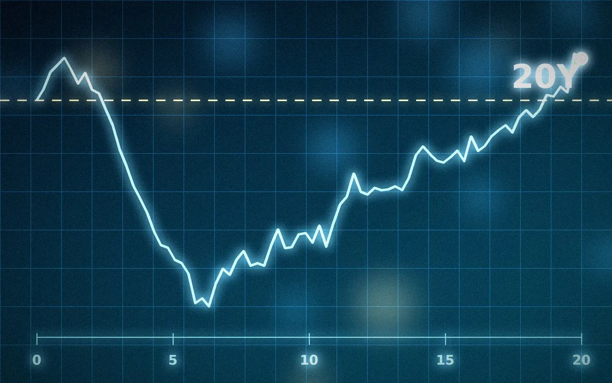 20年の時間軸の上で、元本の線を上回って伸びていく株価チャートのイメージ