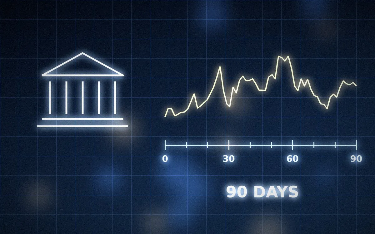 中央銀行の建物と、就任からの90日を示す目盛りのイメージ