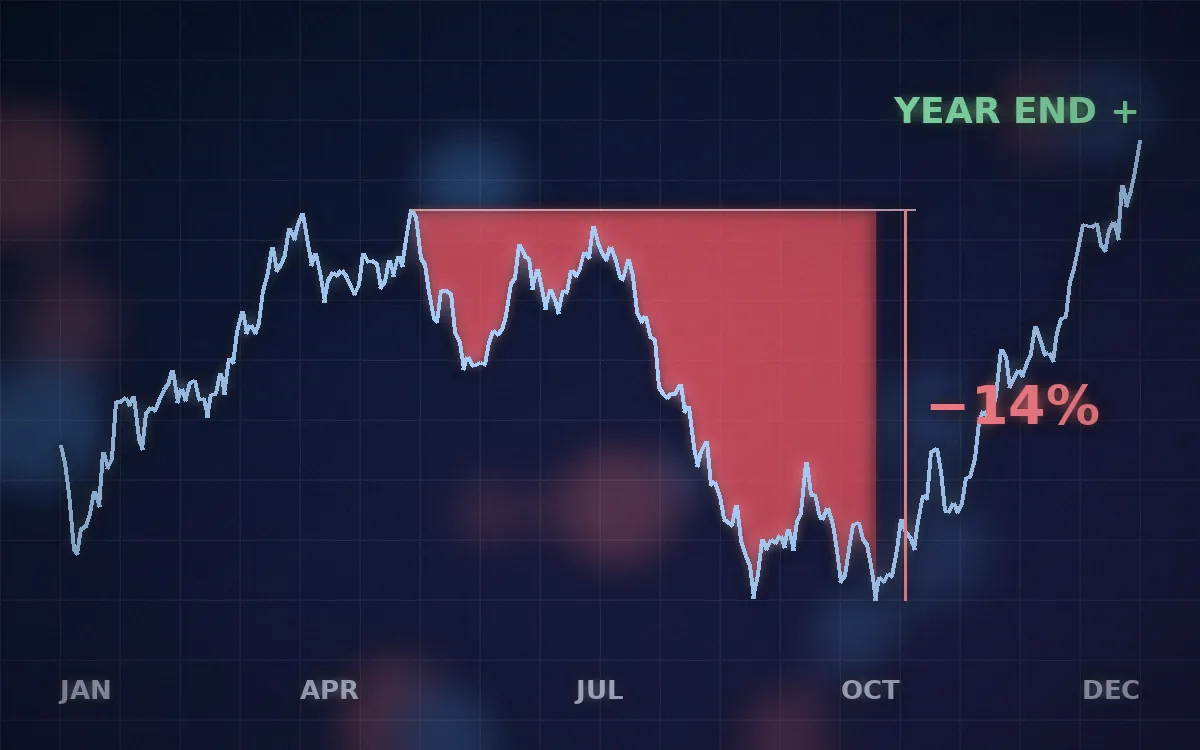 年末にはプラスで終わる1年の株価チャートと、途中の下落部分のイメージ