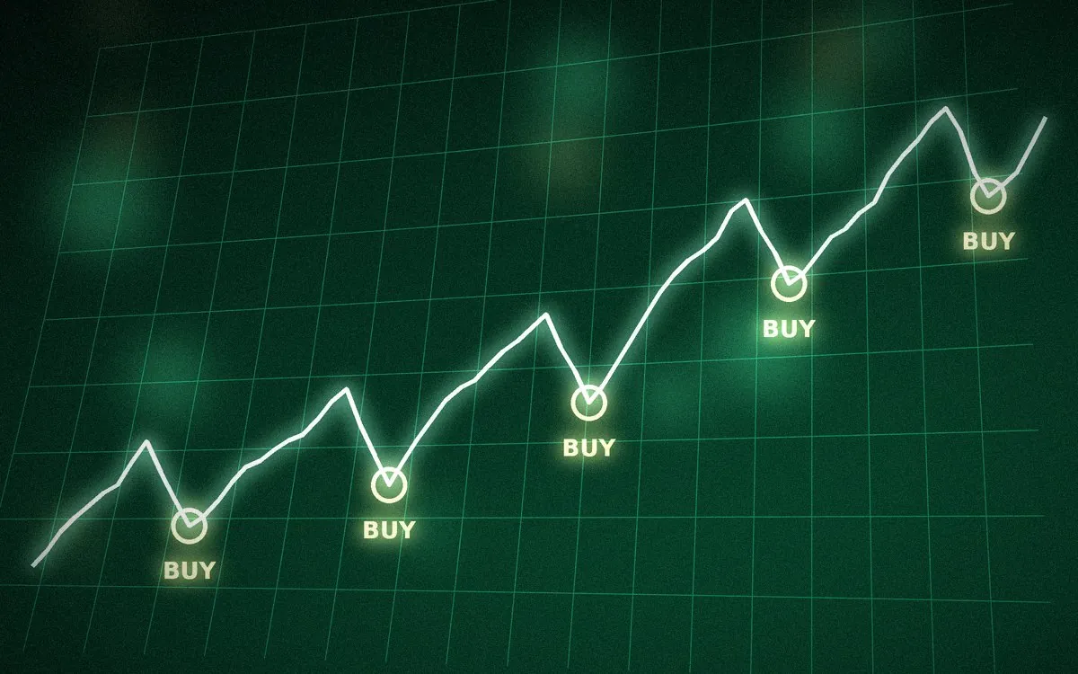 上昇の途中で何度も下げる株価チャートと、押し目の印のイメージ