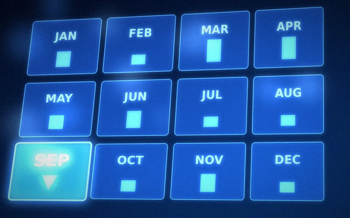 12か月のカレンダーのうち9月だけが下向きに示されたイメージ