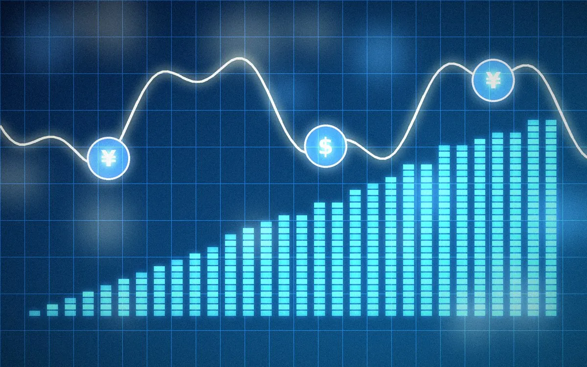 毎月積み上がる積立投資の棒グラフと、円とドルの間で揺れる為替の線のイメージ